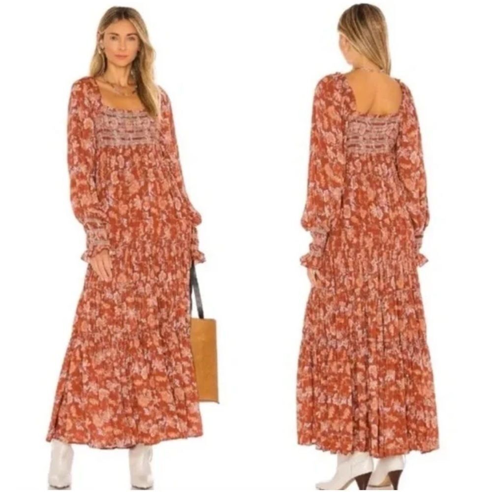 Free People Sweet Escape Floral Midi Dress Mocha Combo Puffy Sleeves Boho Sz L